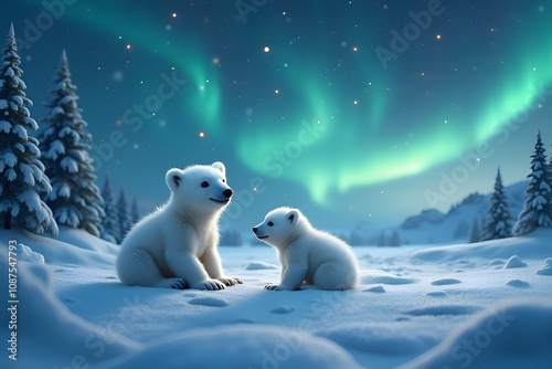 Polar Bear Cubs Under Northern Lights