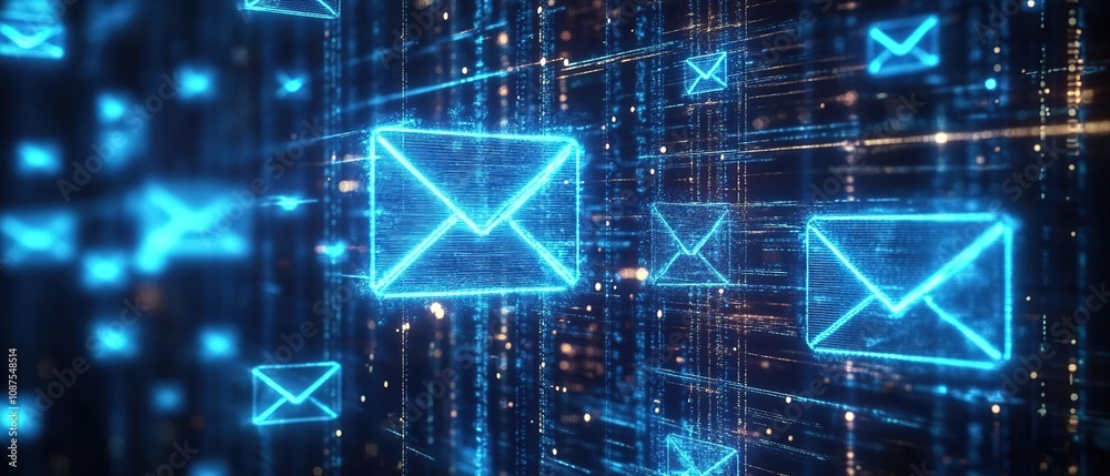 A digital background with glowing blue envelopes symbolizing email, A digital background with glowing blue envelopes symbolizing email,
