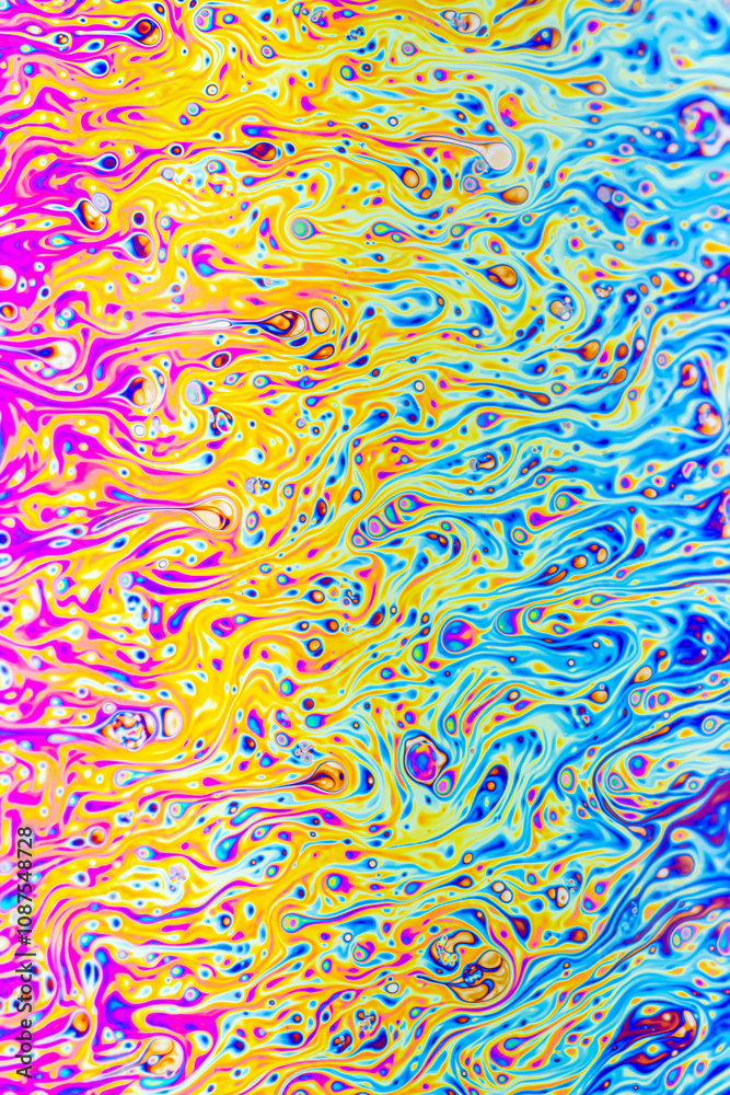Colorful light diffraction on a soap bubble surface with random swirls, curves and lines Colorful light diffraction on a soap bubble surface with random swirls, curves and lines