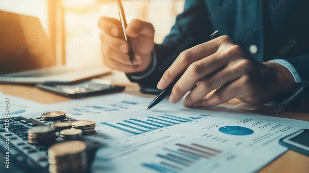 Businessman analyzing financial data with a pen, calculator, and coins on a desk. Businessman analyzing financial data with a pen, calculator, and coins on a desk.