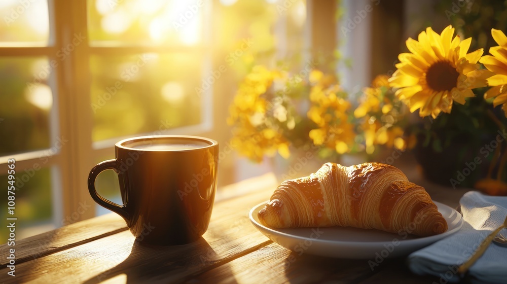 A warm morning scene featuring a cup of coffee, a croissant on a plate, and sunflowers bathed in golden sunlight by a window. A warm morning scene featuring a cup of coffee, a croissant on a plate, and sunflowers bathed in golden sunlight by a window.