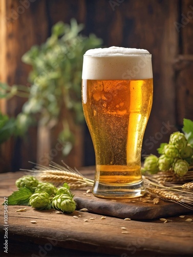 A glass of Weißbier placed on a rustic wooden table, with a small sprig of wheat or hops beside it. photo