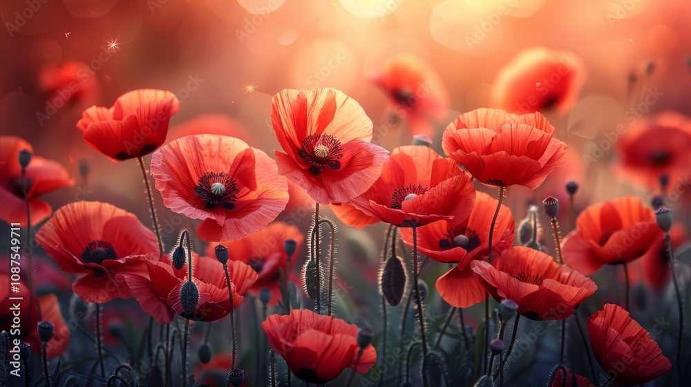 Obraz premium Sunset Over a Blooming Field of Crimson Poppies. 