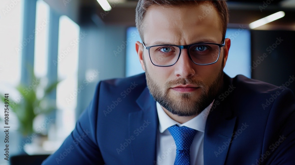 A focused businessman in a suit and glasses stares intently, showcasing confidence and determination in a modern office setting. A focused businessman in a suit and glasses stares intently, showcasing confidence and determination in a modern office setting.