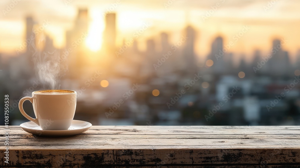 Fototapeta premium A steaming cup of coffee sits on a wooden table, overlooking a city skyline at sunset, creating a warm and inviting atmosphere.