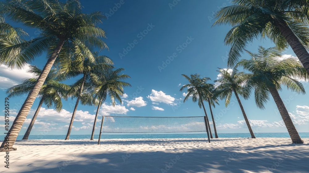 Sand volleyball court with net taut, surrounded by tall palm trees and a cloudless sky. Sand volleyball court with net taut, surrounded by tall palm trees and a cloudless sky.