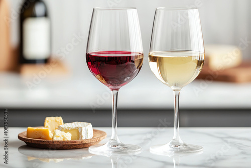 Elegant wine glasses with red and white wine, accompanied by a wooden plate of cheese, on a stylish marble countertop.
