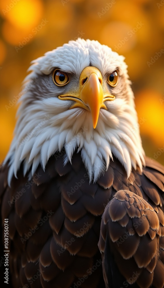 Obraz premium Bald eagle in autumn forest with yellow foliage. Bald eagle, patriotic symbol, national bird of USA, large bird of prey in nature 