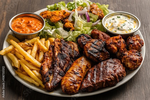 Mix Grill Platter with chicken tikka, beef kabab, mutton kebab, seekh kabab and lamb chop with salad and fries served in dish isolated wooden table top view of tandoori grill bbq food
