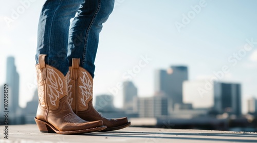 Western Cowboy Boots Against Urban Skyline: Merging Rustic Charm with City Vibes in Trendy Fashion Photography