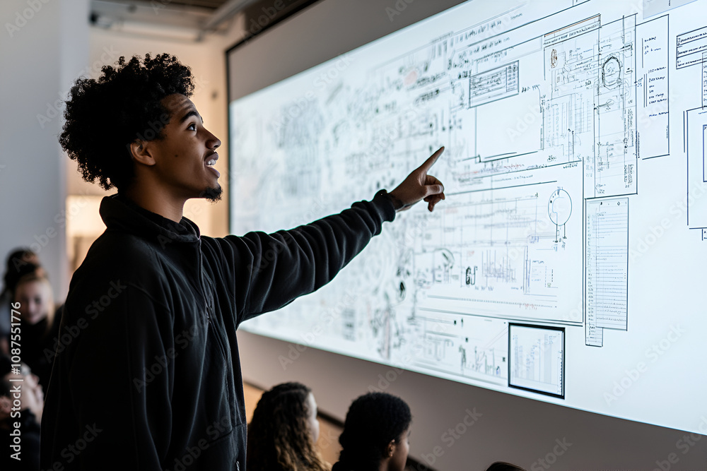 A student points to a large projector screen filled with technical diagrams that interact with the audience. A student points to a large projector screen filled with technical diagrams that interact with the audience.
