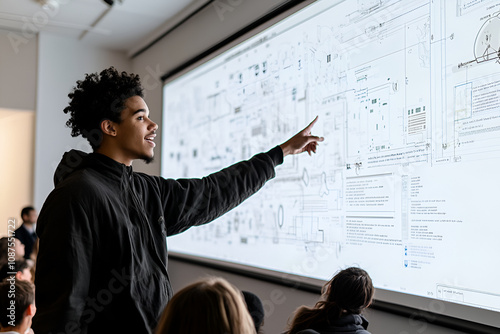 A student points to a large projector screen filled with technical diagrams that interact with the audience.