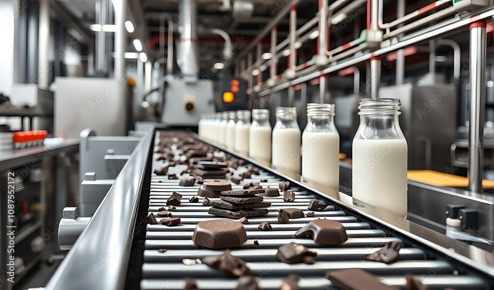 Fototapeta premium Chocolate and Milk Bottling Plant Conveyor Belt: A Modern Dairy Production Line. AI Generated
