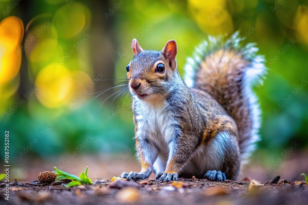 Obraz premium Eastern Gray Squirrel Closeup, Ground, Copy Space