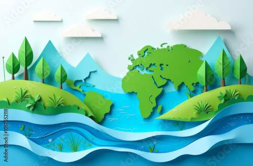 A colorful paper cut landscape features a world map encircled by mountains, trees, and rivers