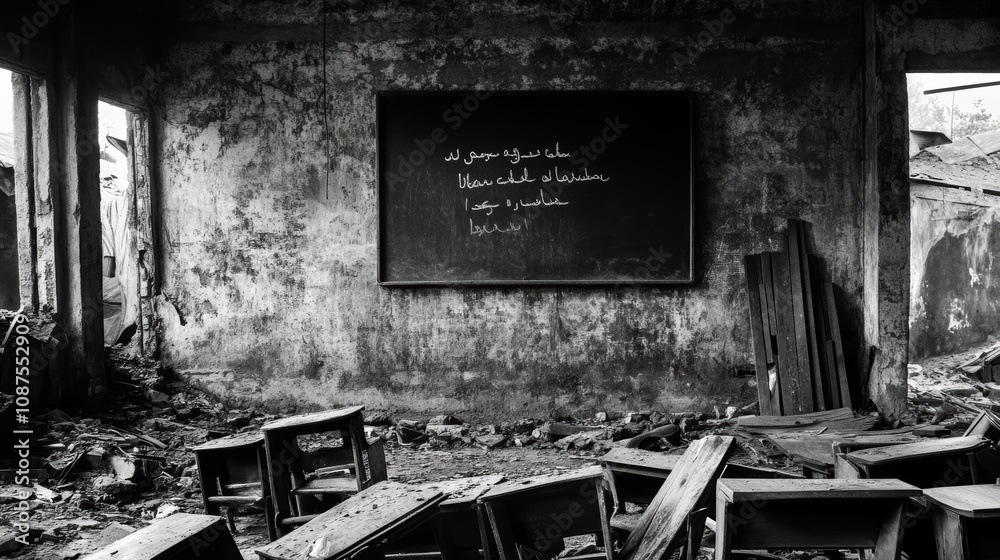 A black and white photograph of an abandoned classroom with a chalkboard, desks, and debris on the floor. A black and white photograph of an abandoned classroom with a chalkboard, desks, and debris on the floor.