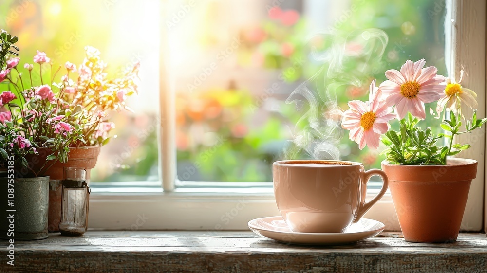 A serene window scene featuring a cup of tea and vibrant flowers, bathed in warm sunlight, creating a cozy, inviting atmosphere. A serene window scene featuring a cup of tea and vibrant flowers, bathed in warm sunlight, creating a cozy, inviting atmosphere.