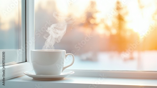 A steaming cup of coffee sits on a windowsill, with a soft sunrise illuminating a snowy landscape, creating a cozy and serene atmosphere. photo