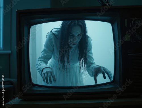 Creepy woman with wet dark hair and white dress emerging from vintage television screen in dark room with eerie blue tint, horror concept