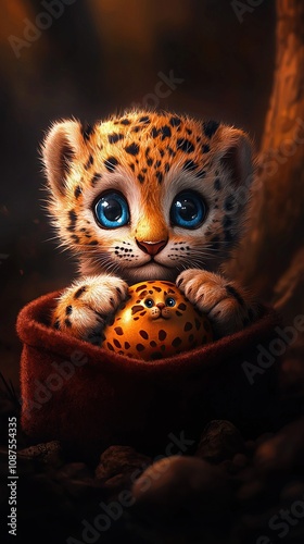 A cute cartoon leopard cub with big blue eyes, holding a smaller leopard cub in a red pouch. photo