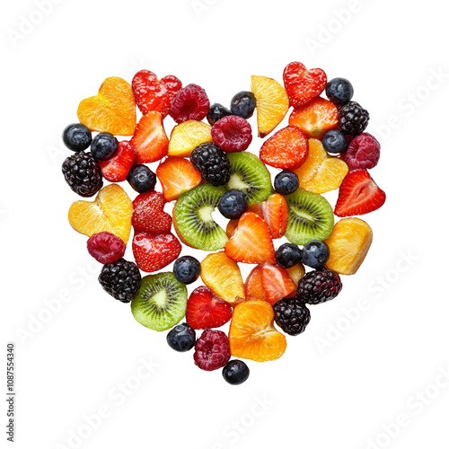 Heart-Shaped Arrangement of Fresh Colorful Fruits Strawberries, Kiwi, Raspberries, Blueberries, and