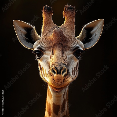 Close-up portrait of a giraffe with a soft, warm light on its face against a dark background. photo