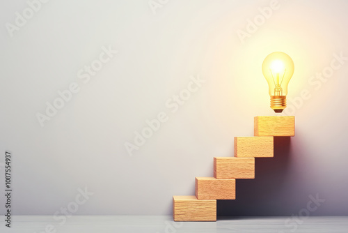 A creative representation of progress with wooden stairs leading to a glowing light bulb, symbolizing ideas and innovation.