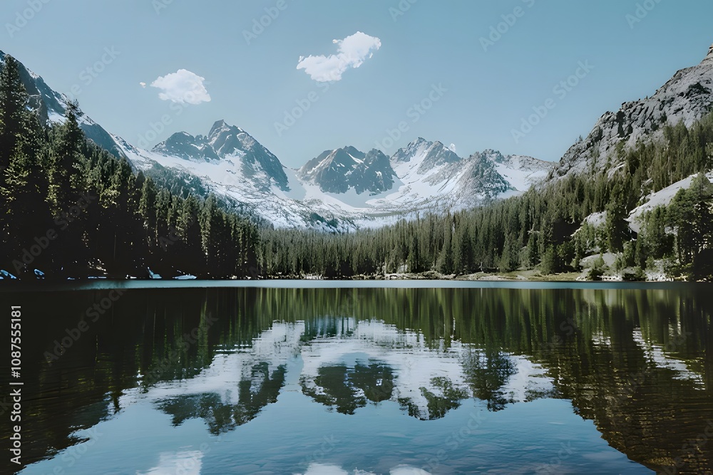 A serene mountain lake reflects the snow-capped peaks and a clear blue sky. Lush green forests frame the scene, creating a picturesque landscape.