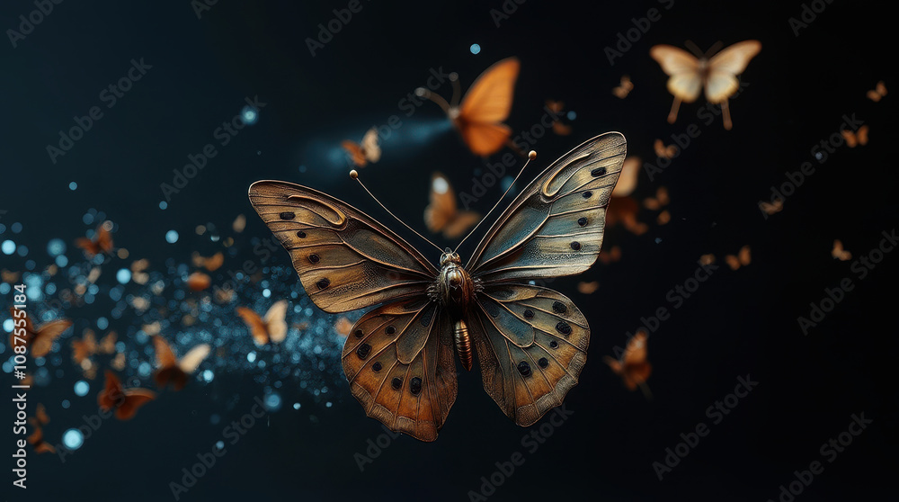 Steampunk Mechanical Butterfly with Bronze Wings Against Dark Background, Artistic Fantasy Composition with Multiple Butterflies and Bokeh Light Effects Steampunk Mechanical Butterfly with Bronze Wings Against Dark Background, Artistic Fantasy Composition with Multiple Butterflies and Bokeh Light Effects
