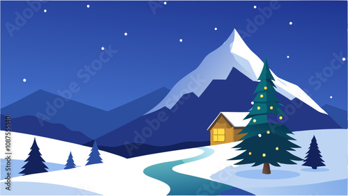 Winter landscape with houses and mountains vector illustration 
