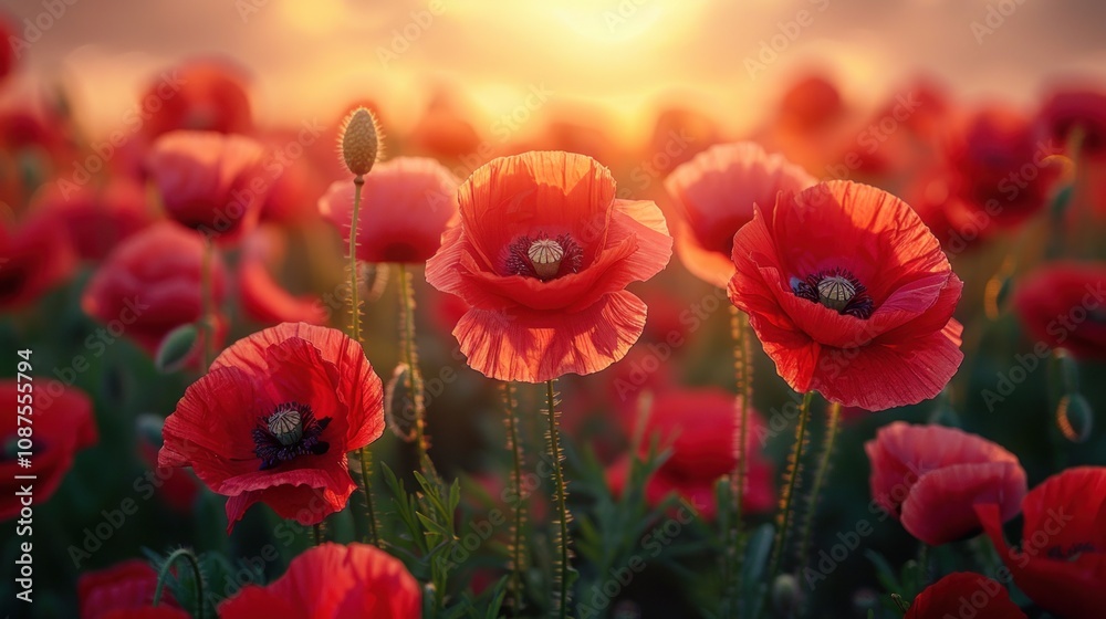 Obraz premium Romantic Scarlet Blossoms Swaying in the Sunset Breeze. 