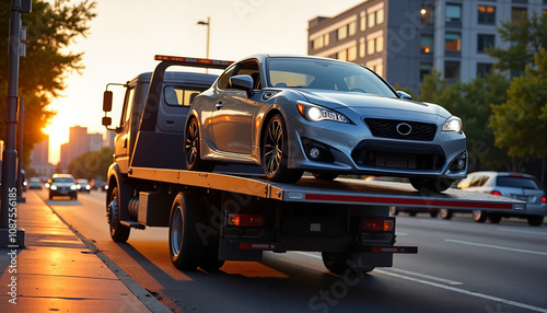 Tow truck transporting car at sunset in urban area, vehicle recovery, roadside assistance, copy space
