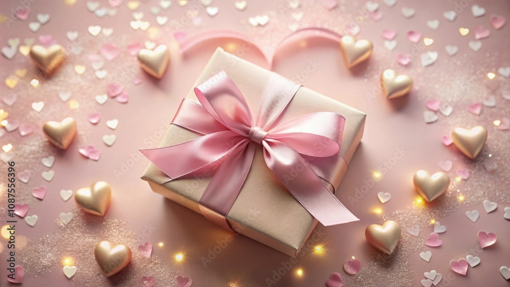 A delicate pink gift box adorned with a satin ribbon rests amidst a scattering of golden and pink hearts, creating a romantic and festive atmosphere. A delicate pink gift box adorned with a satin ribbon rests amidst a scattering of golden and pink hearts, creating a romantic and festive atmosphere.