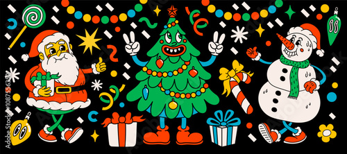 Groovy Christmas cartoon characters. vintage 70s funny Santa Claus, ball, sno...