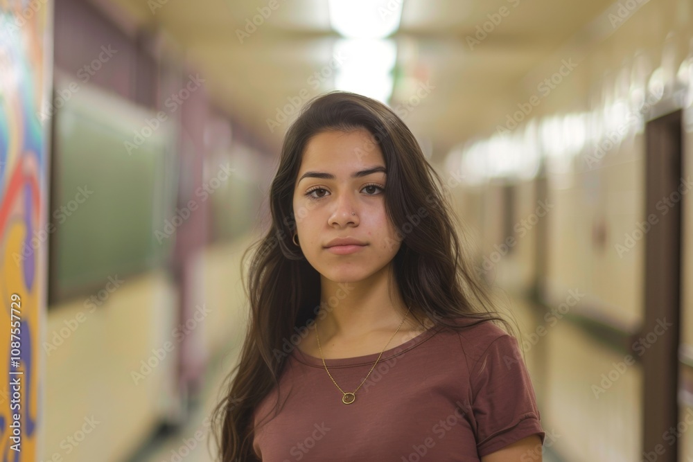 Portrait of a smiling female high school student standing in hallway Portrait of a smiling female high school student standing in hallway