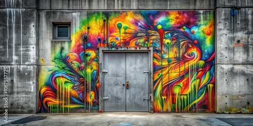 A Vibrant Abstract Mural Painted on a Concrete Wall Creates a Striking Contrast with the Grey Doors in the Center of the Composition