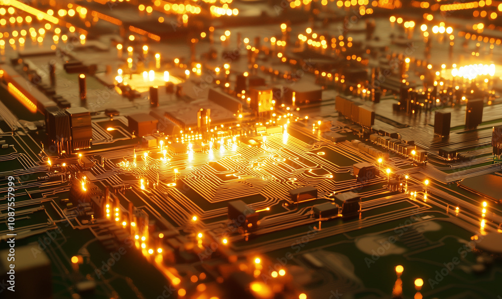 A vibrant, close-up view of a circuit board illuminated by golden light, showcasing intricate details and electronic components. A vibrant, close-up view of a circuit board illuminated by golden light, showcasing intricate details and electronic components.