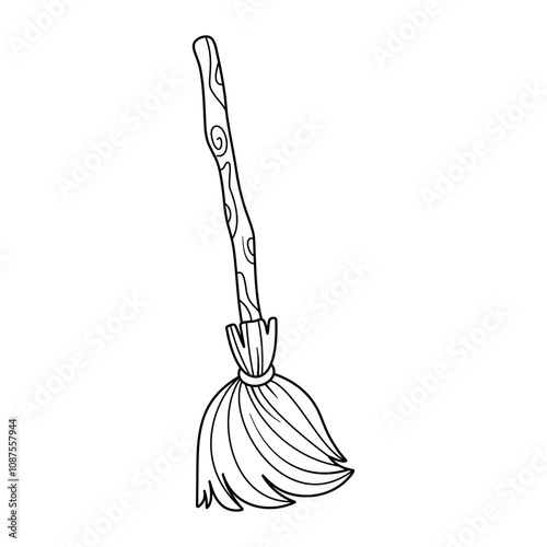 Witch's Broom Outline Vector Illustration. This is a black and white vector illustration of a broom with a whimsical and decorative handle. 