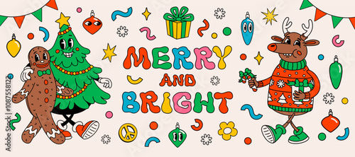Groovy merry and bright christmas stickers with deer, Christmas tree, gingerb...