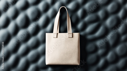 Plain beige canvas tote bag with long handles on a textured dark background photo