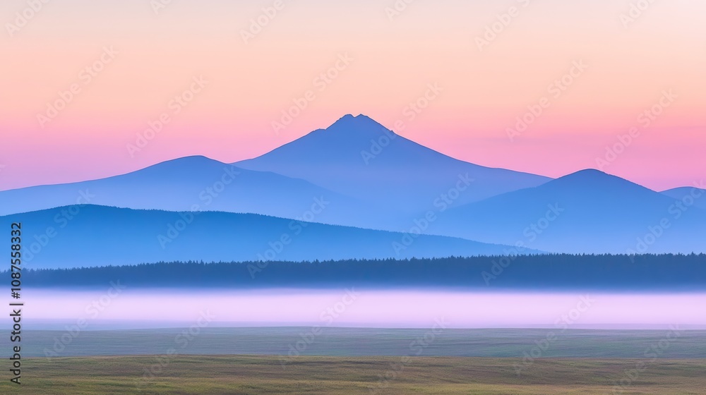 A misty sunrise over a mountain range with a colorful sky. A misty sunrise over a mountain range with a colorful sky.