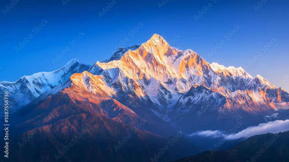 Snow-capped mountain peaks bathed in golden sunrise light with a clear blue sky, creating a breathtaking and serene landscape. Snow-capped mountain peaks bathed in golden sunrise light with a clear blue sky, creating a breathtaking and serene landscape.