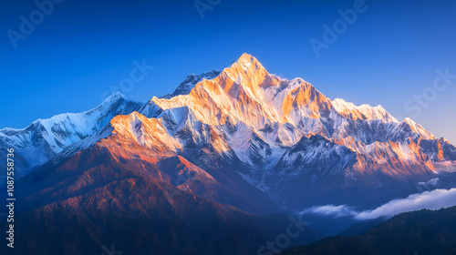 Snow-capped mountain peaks bathed in golden sunrise light with a clear blue sky, creating a breathtaking and serene landscape.