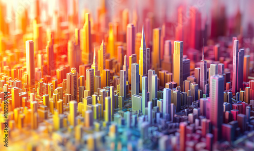 A vibrant, abstract cityscape featuring colorful skyscrapers and dynamic shapes, creating a visually striking urban environment.