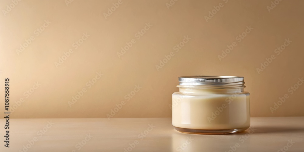 A glass jar filled with a creamy substance, featuring a silver lid, sitting on a wooden surface with a light brown background. A glass jar filled with a creamy substance, featuring a silver lid, sitting on a wooden surface with a light brown background.
