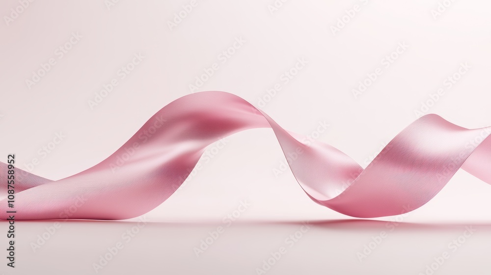 A pink satin ribbon flows gracefully in a wave shape on a light pink background. A pink satin ribbon flows gracefully in a wave shape on a light pink background.