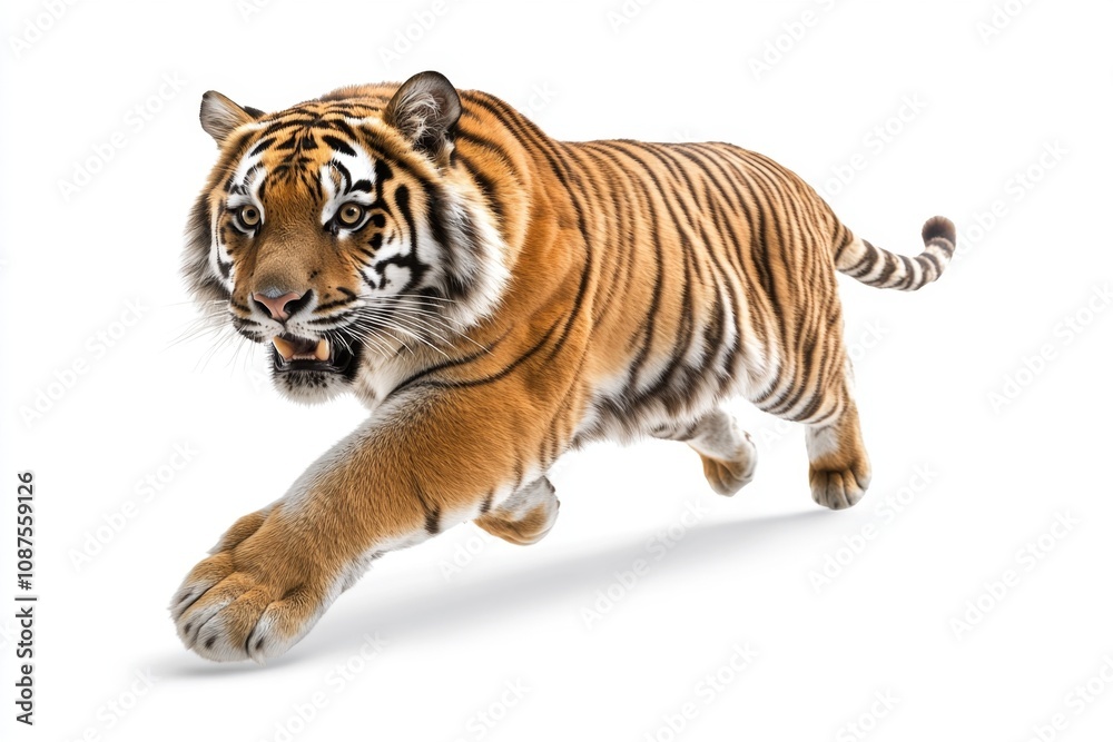 Obraz premium Majestic Tiger Running Against a White Background: Power and Grace Captured in Motion