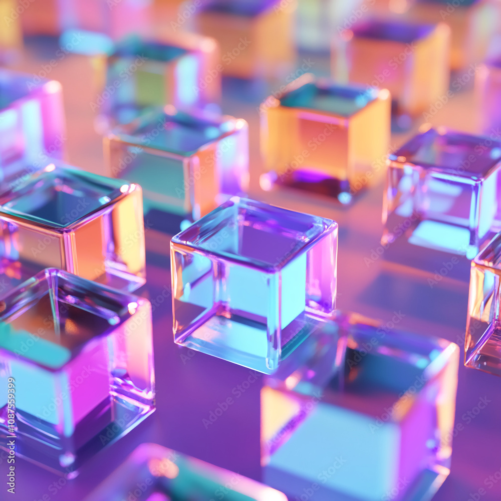 A collection of translucent cubes in various shades of purple, pink, and blue are arranged on a reflective surface