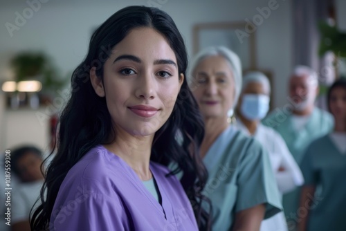 Portrait of a young Hispanic nurse wearing light purple medical scrubs