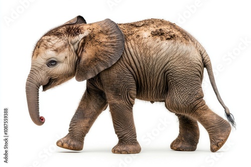 Adorable Baby Elephant Walking on White Background - Capturing the Charm and Innocence of Wildlife photo